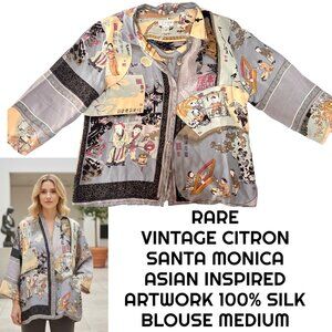 RARE VINTAGE 100% SILK ASIAN INSPIRED ARTWORK CITRON SANTA MONICA BLOUSE MEDIUM